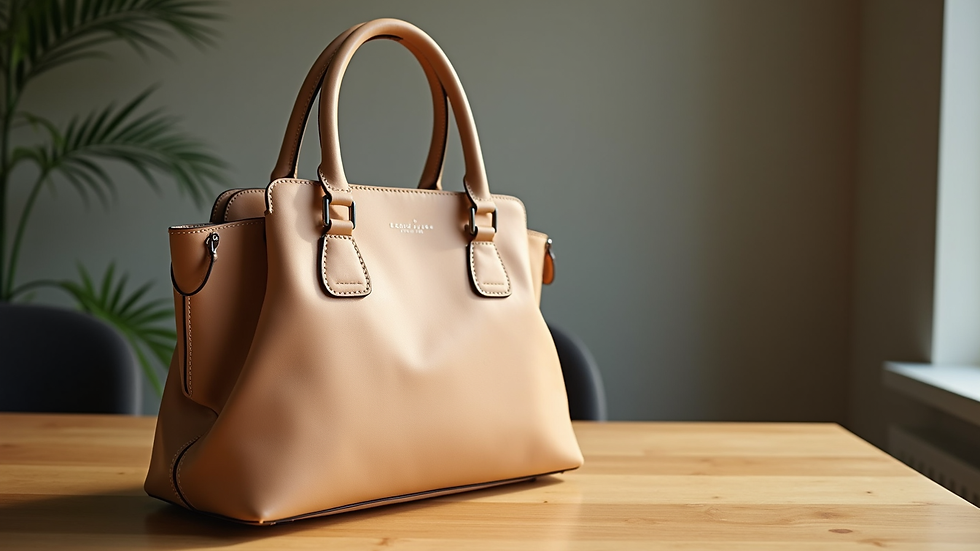 Close-up of a beige leather handbag on a wooden table