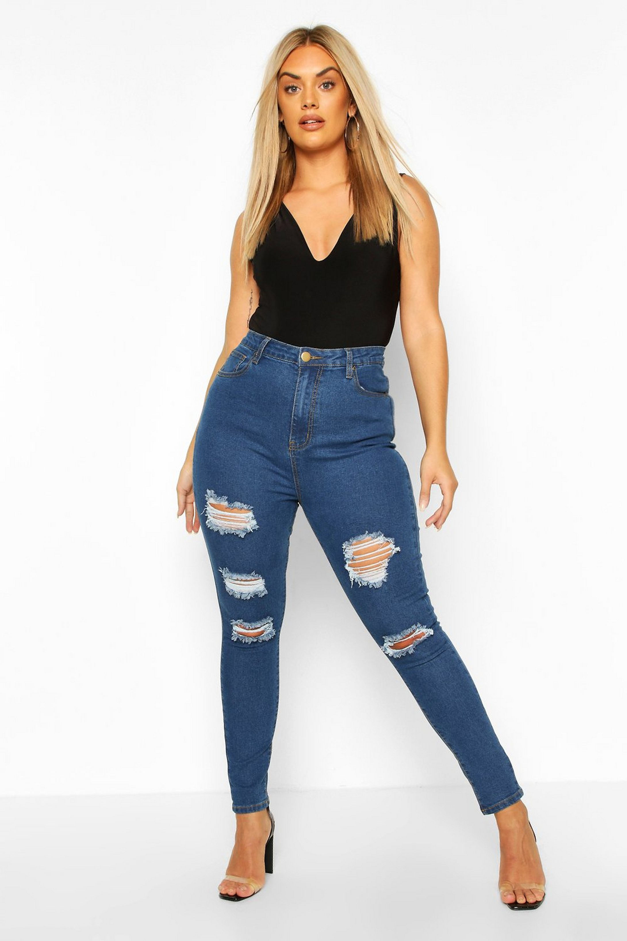 Jeans Tiro Alto Azul Con Roturas Talles Especiales