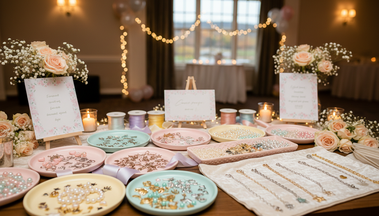 Eye-level view of a teen-friendly Sweet 16 activity table with charms, ribbons, and mini bouquets.