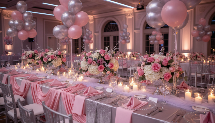 Wide-angle view of a Sweet 16 party table with layered pink, chrome, and lavender decor.