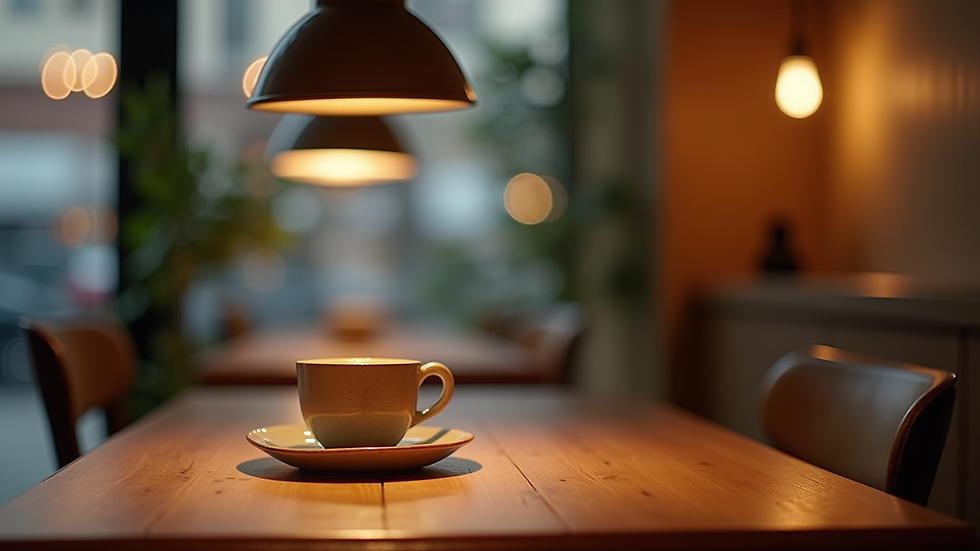 Close-up view of wooden table with vintage lamp and ceramic cup in a tea restaurant