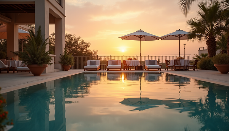 Eye-level view of Portofino Island Resort poolside terrace set for an elegant evening event
