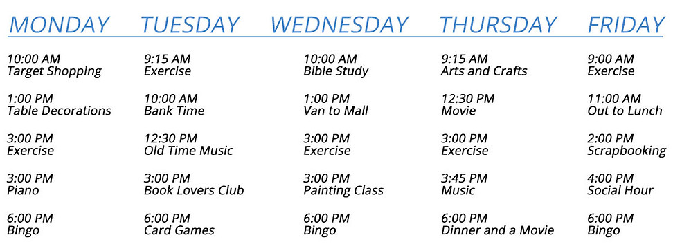 Example of a Colonial Villa activities calendar