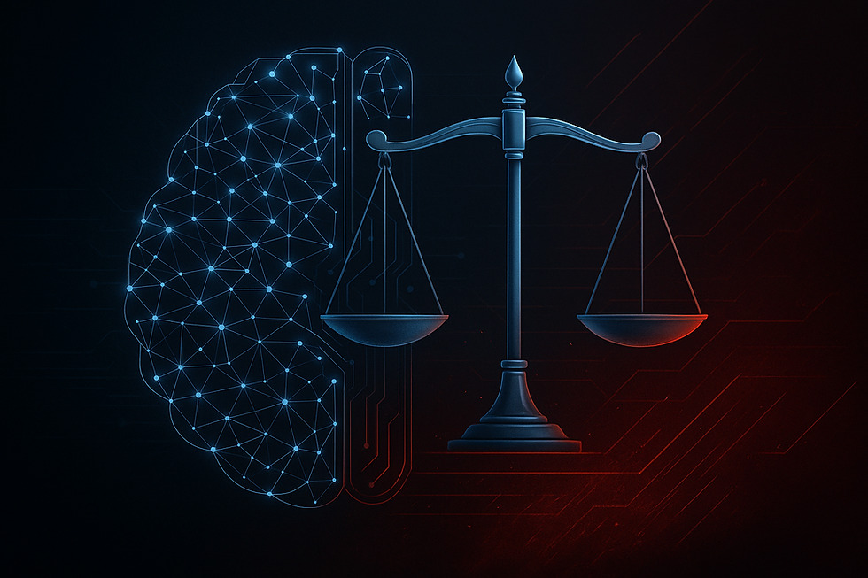 Illustrazione di una bilancia della giustizia accanto a una rete neurale digitale a forma di cervello, simbolo dell’equilibrio tra intelligenza artificiale e diritto