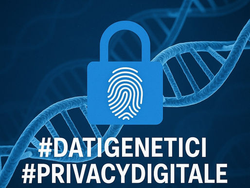 Illustrazione con doppia elica del DNA sullo sfondo e un lucchetto blu in primo piano con impronta digitale, simbolo della protezione dei dati genetici e biometrici.