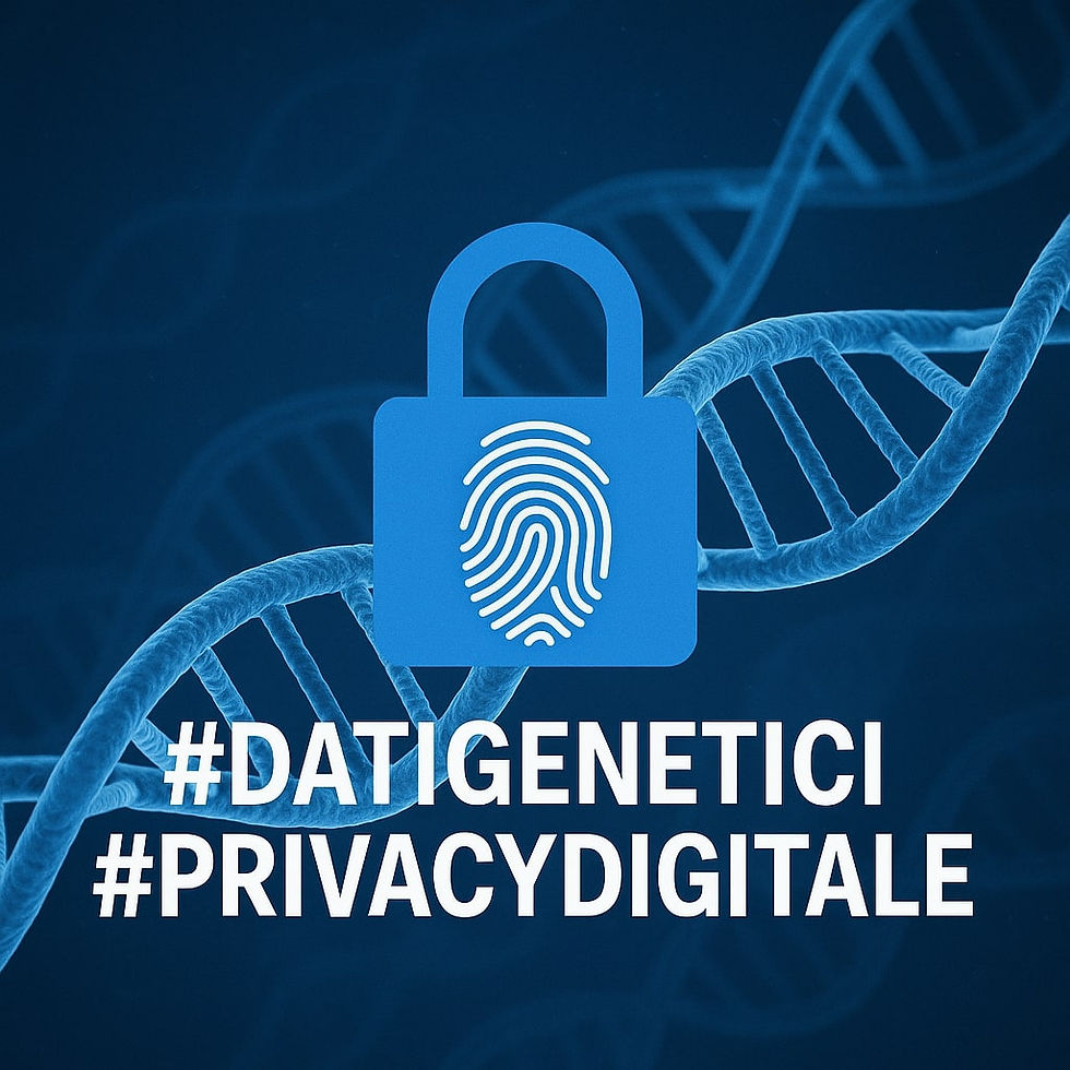 Illustrazione con doppia elica del DNA sullo sfondo e un lucchetto blu in primo piano con impronta digitale, simbolo della protezione dei dati genetici e biometrici.