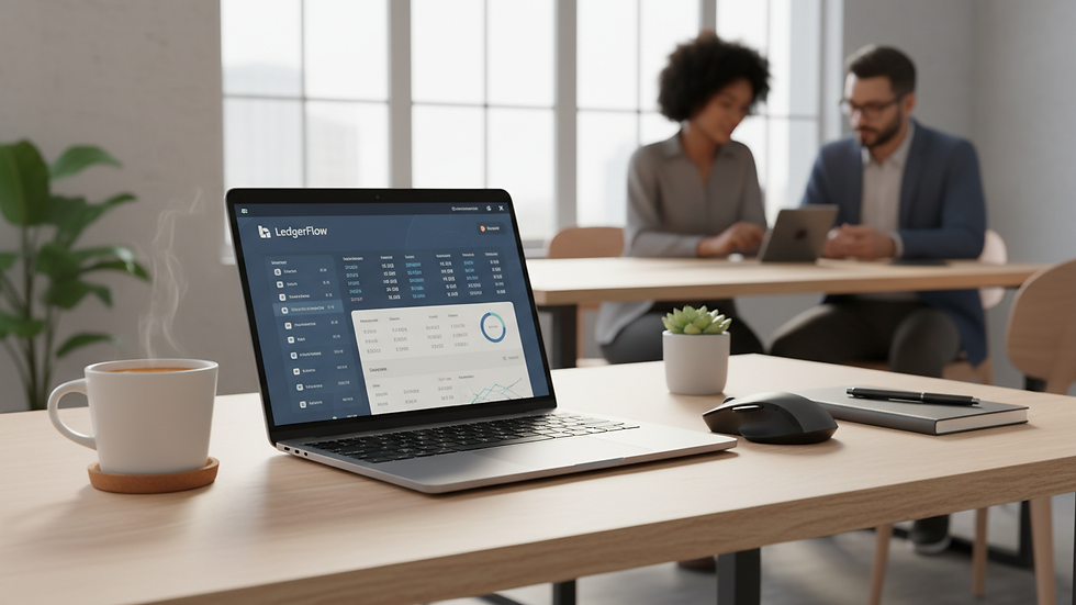 Eye-level view of a modern office desk with bookkeeping software on a laptop