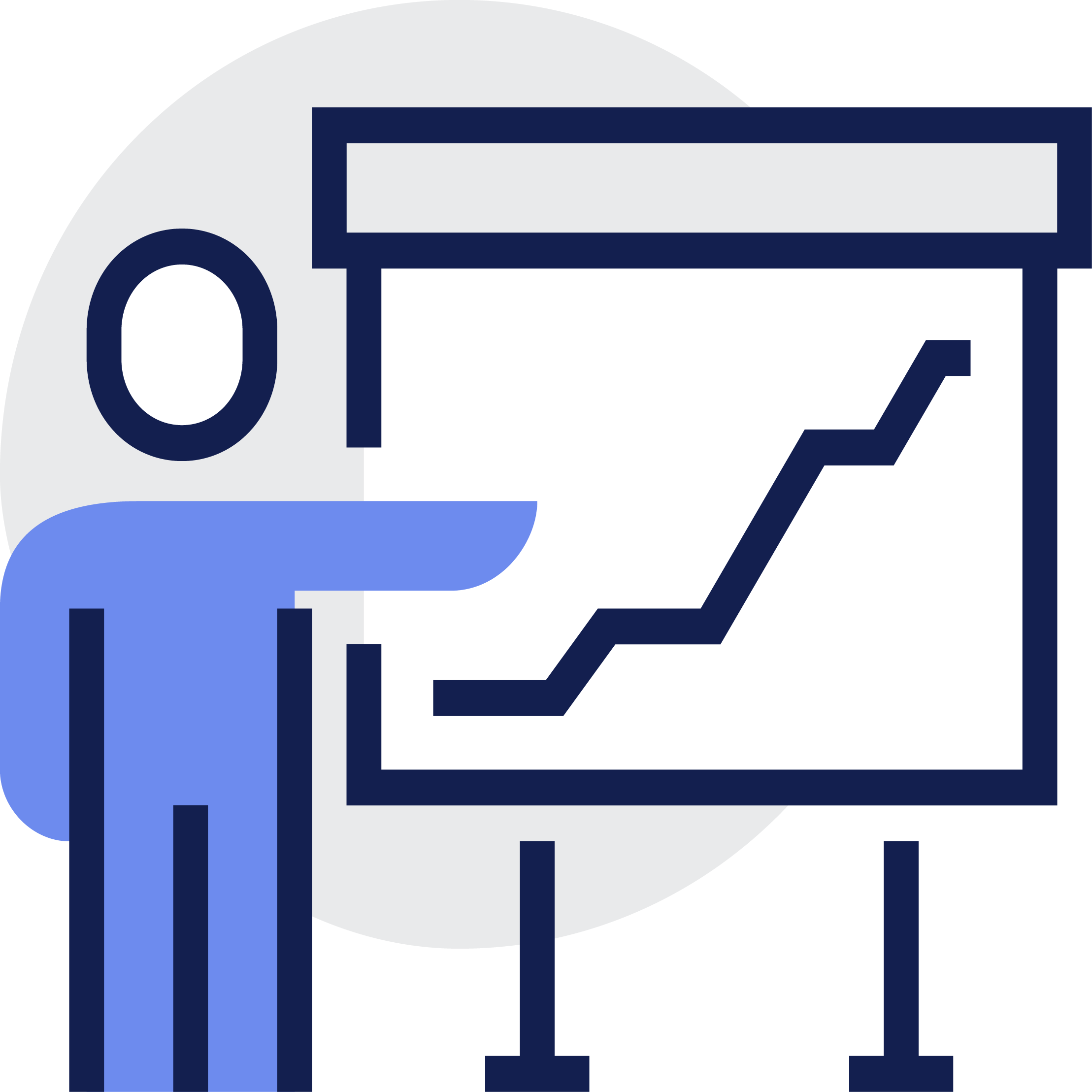 Blue figure presenting data with an upward-trending graph on a whiteboard.