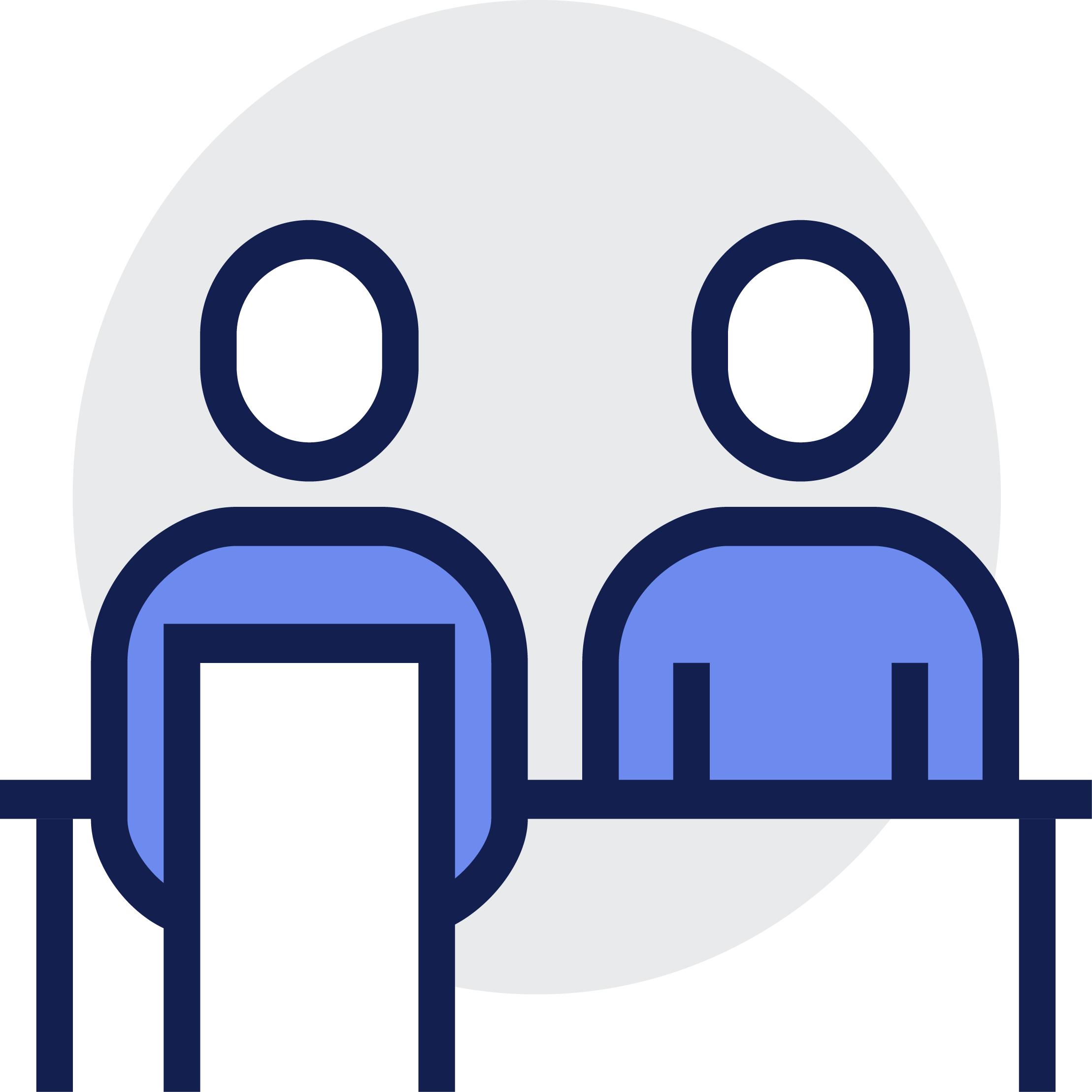 Two stylized individuals sitting at a counter, representing a meeting or discussion.