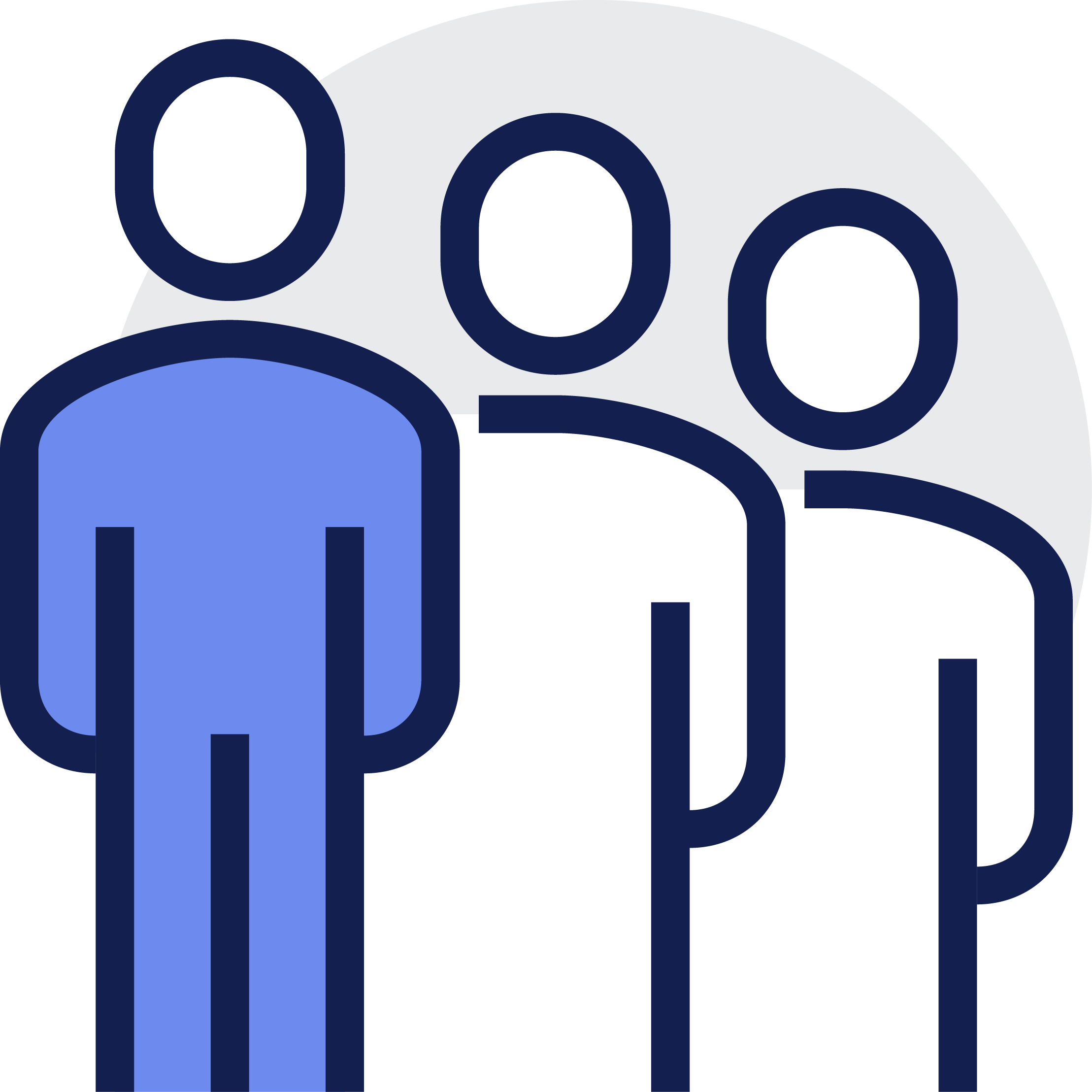Stylized icon showing a blue person in front of two gray people.