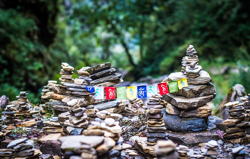 Prayer flags and cairn