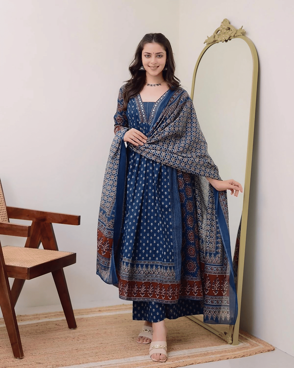 Thumbnail: KLOSIA Women's Printed Anarkali Kurta and Pant Set with Dupatta Teal Blue
