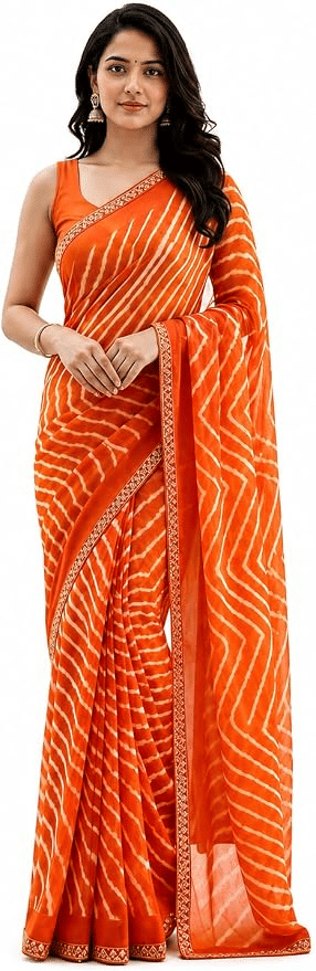 Thumbnail: Bhuvik Creations Women's Leheriya Print Georgette Saree with Blouse Piece