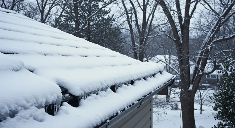 snow covered residential roof during winter