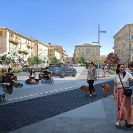 Soluzione 1 - parcheggi a raso: vista verso monumento