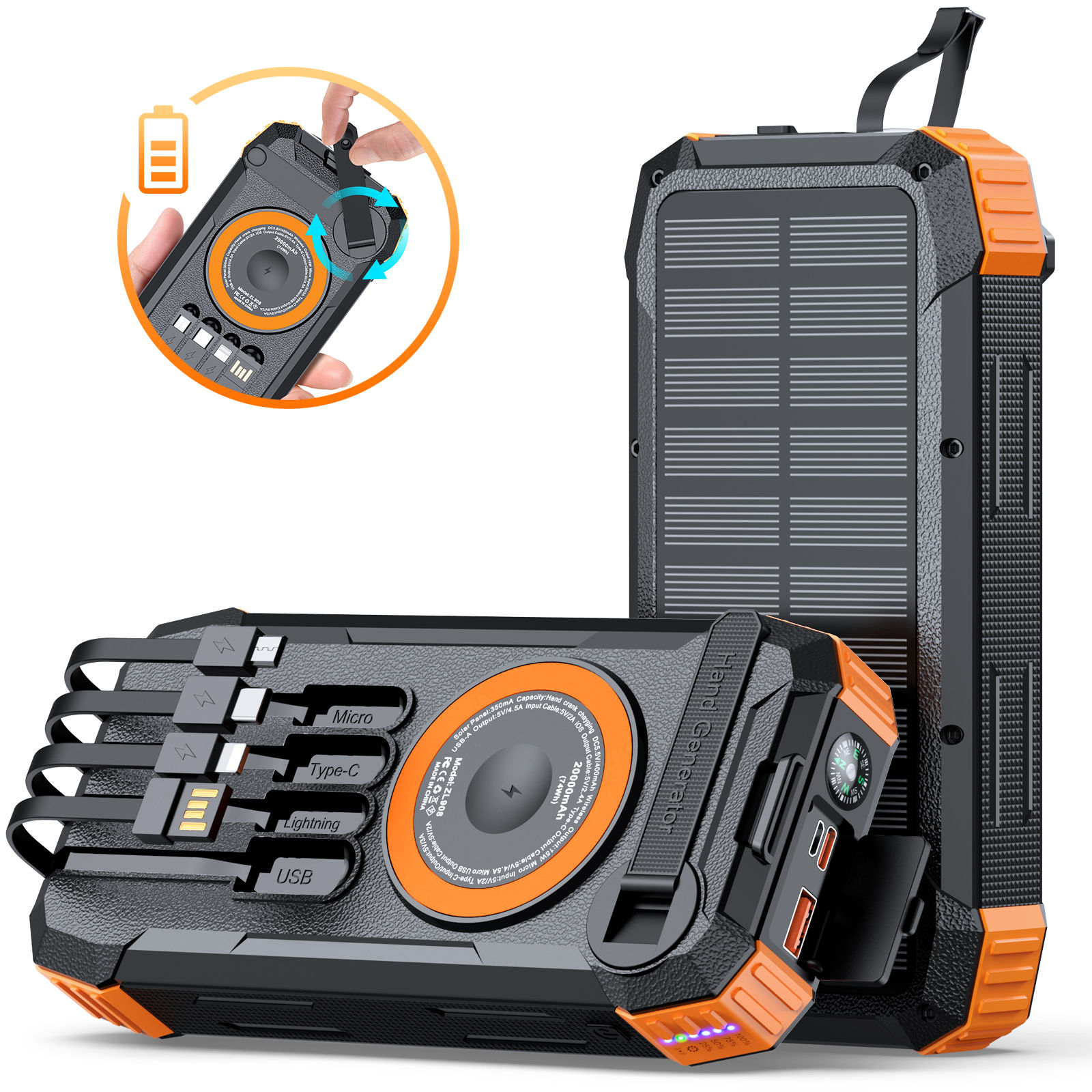 50000mAh Solar Power Bank Hand Crank Generator, Portable Outdoor Emergency Charg