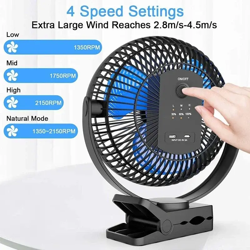 Miniature : 10000mAh 8-Inch Rechargeable USB Desktop Fan Portable Clip on Fan 4 Speeds Low N