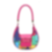 Pink hobo handbag with a colorful geometric patchwork design and gold clasp.