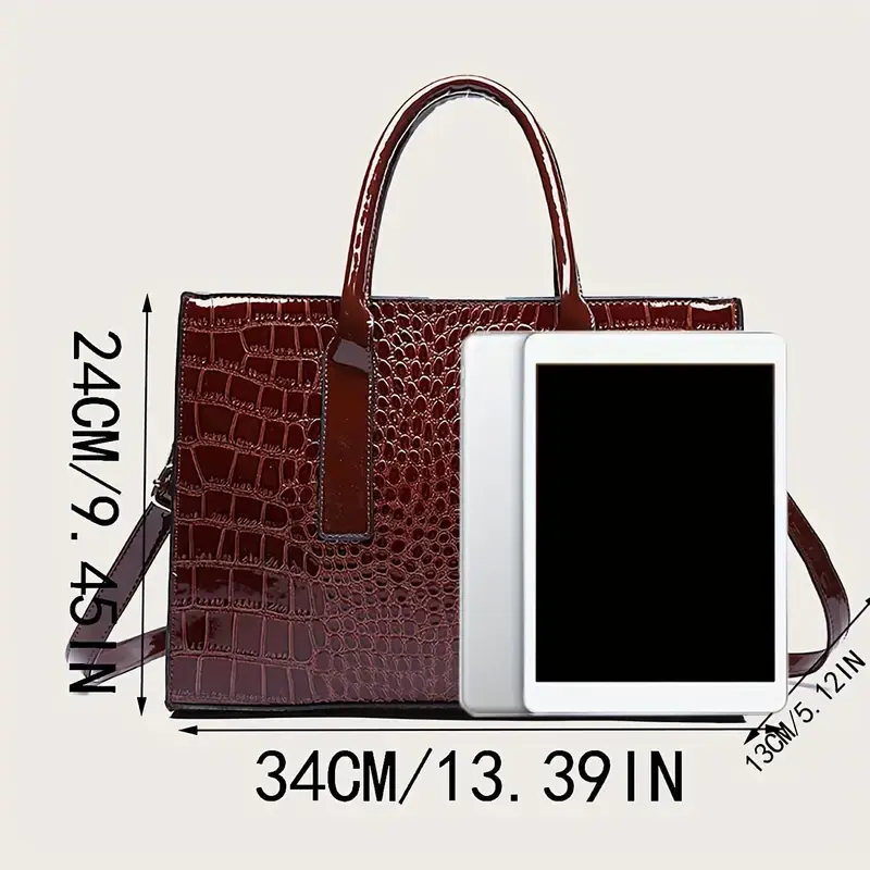 Thumbnail: Burgundy crocodile handbag showing dimensions 24CM/9.45IN high, 34CM/13.39IN wide.