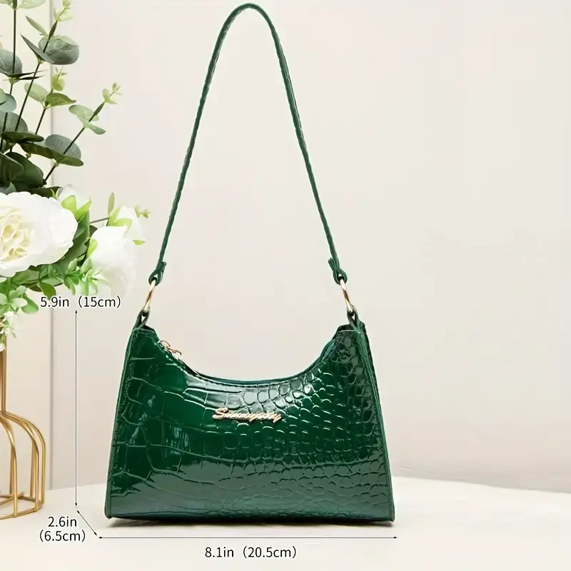 Thumbnail: Shiny dark green croc-embossed shoulder bag, 9.5in (28.5cm) wide.
