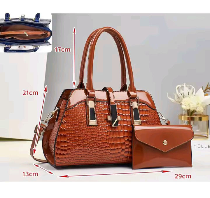 Thumbnail: Brown crocodile-pattern handbag, matching wallet, dimensions 21cm, 13cm, 29cm.
