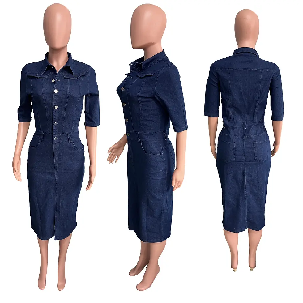 Thumbnail: Short Sleeve Bodycon Casual Denim Dress Women for Autumn
