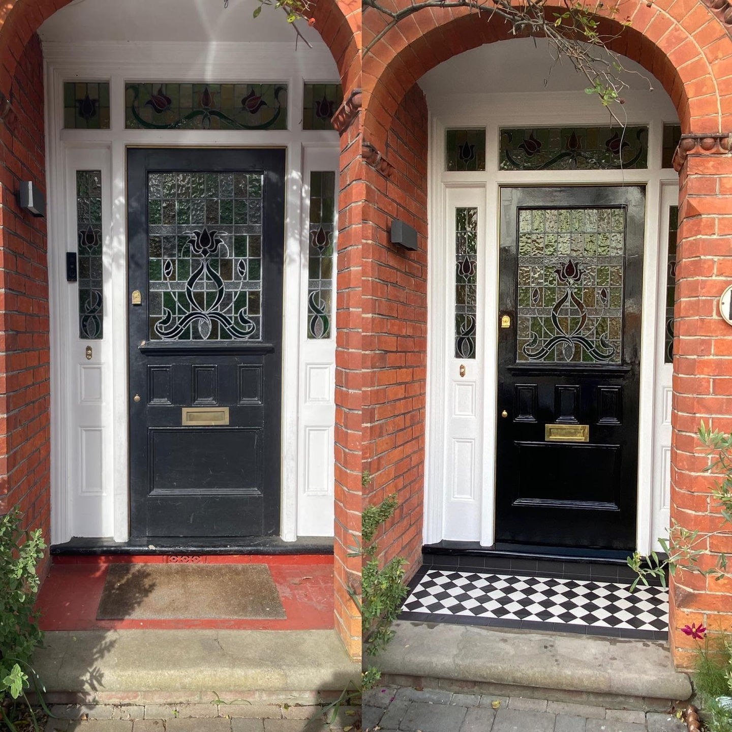 Before-and-after of an Edwardian reigate front door restoration: black door and white surround repainted, hardware refreshed, and a new black-and-white checkerboard step installed.
