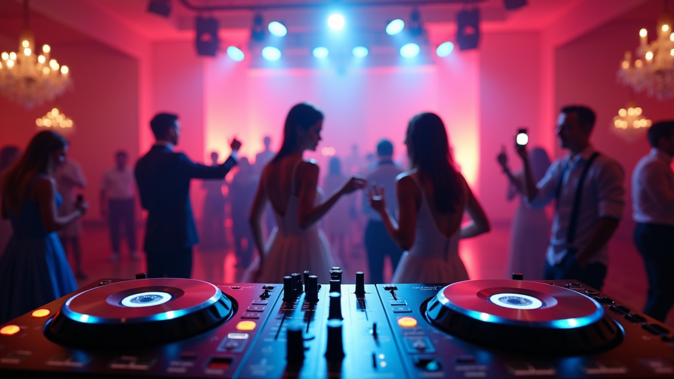 Eye-level view of DJ booth with colorful uplighting at wedding venue