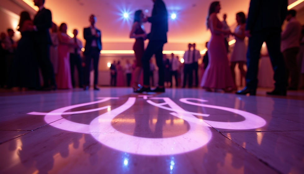Eye-level view of a DJ booth with colorful lights and equipment