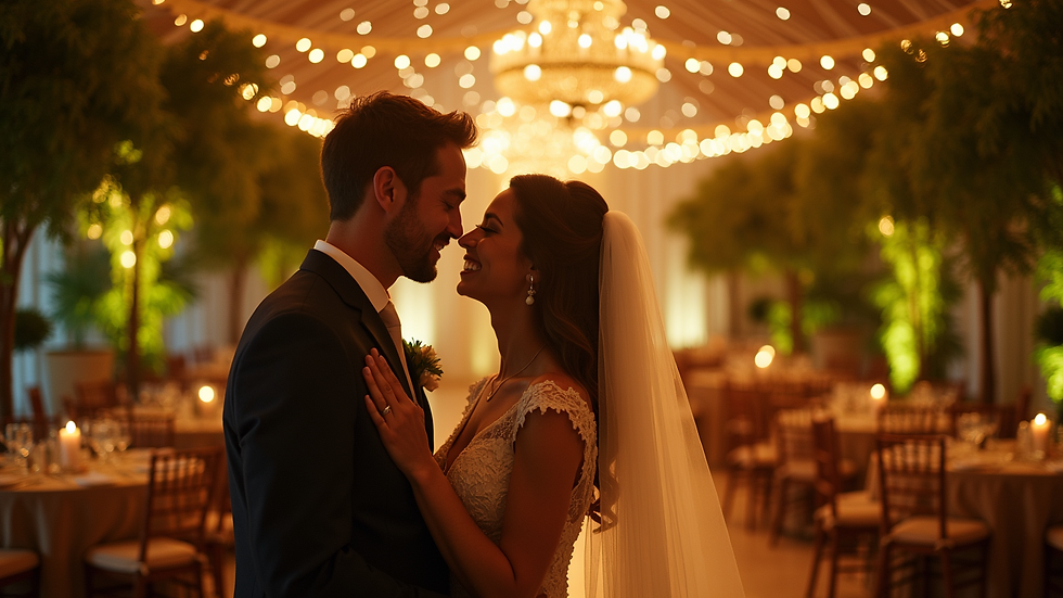 Close-up view of elegant wedding uplighting illuminating a reception hall