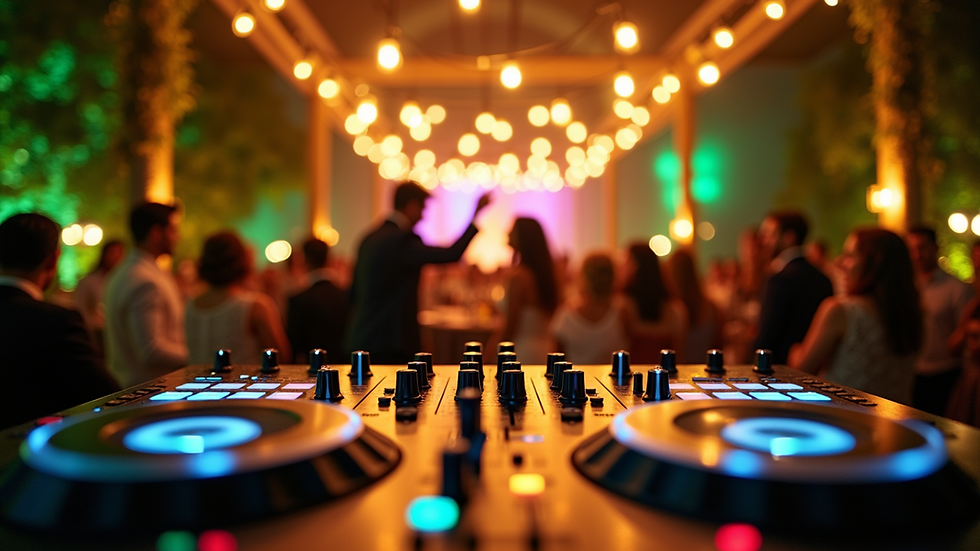 Eye-level view of a DJ setup with colorful lighting at a wedding reception