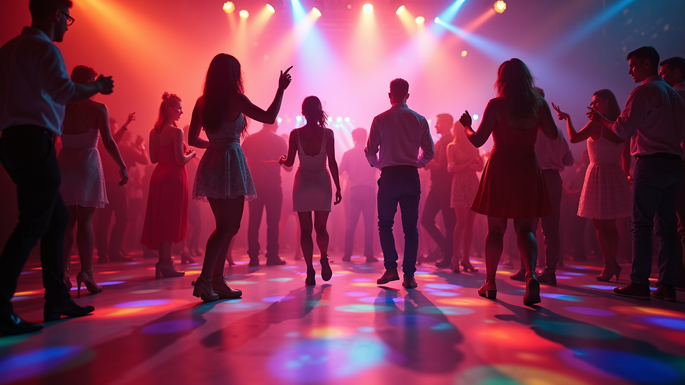 Close-up view of a vibrant dance floor filled with guests enjoying a Sweet 16 celebration