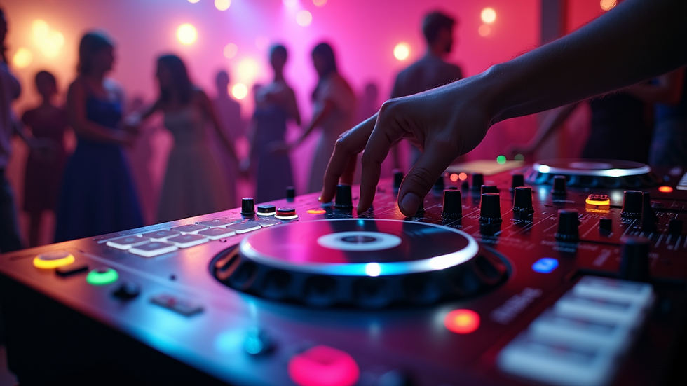 Close-up view of DJ controller with colorful lights during event
