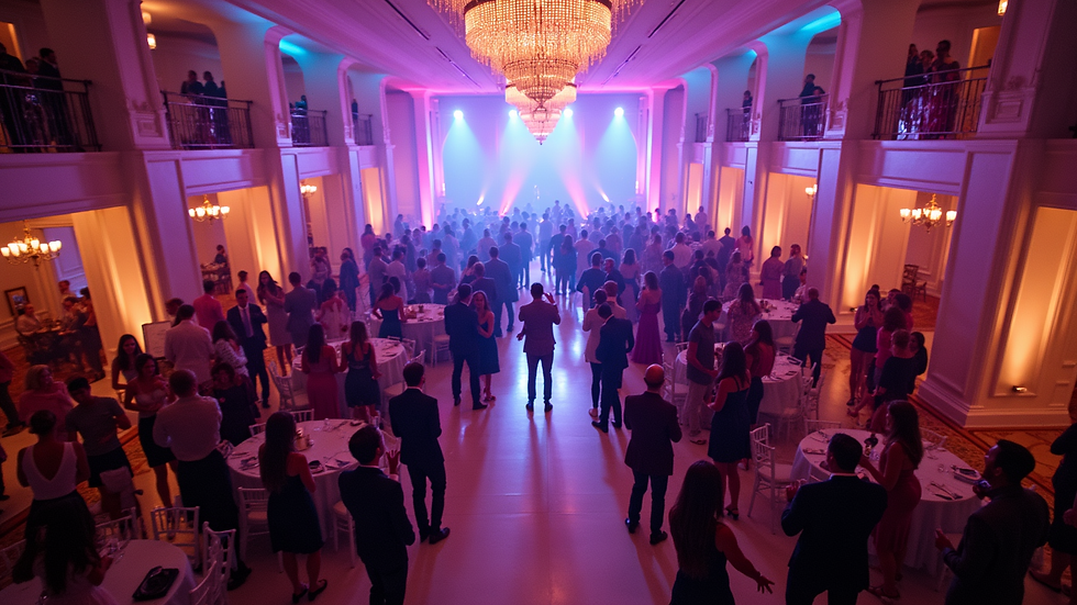 High angle view of elegant wedding venue with colorful uplighting