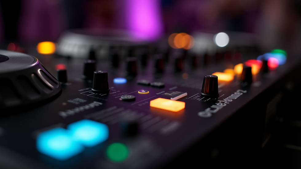 Close-up view of DJ mixing console with colorful lights