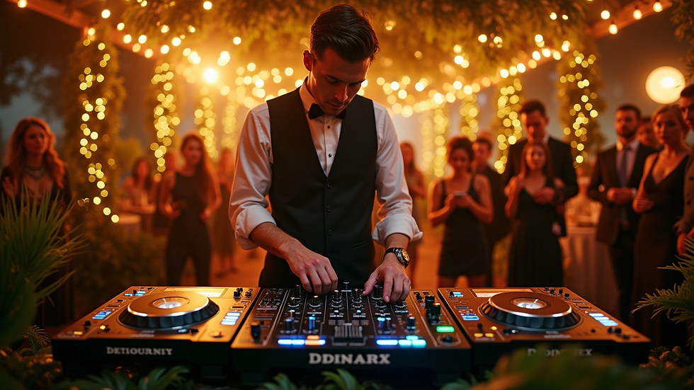 High angle view of a DJ mixing music at a wedding reception with colorful lights