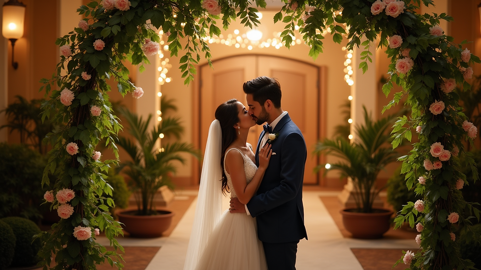 High angle view of elegant wedding venue with soft uplighting