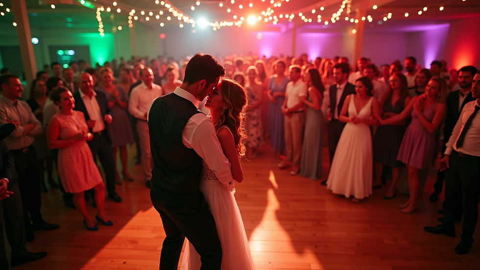 High angle view of wedding dance floor with colorful lighting