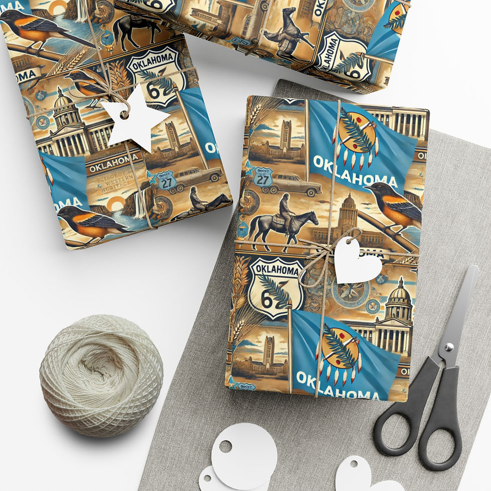 Thumbnail: Wrapped gifts with Oklahoma flag wrapping. Route 66. White tags and scissors. Saint Patrick's Day Gift