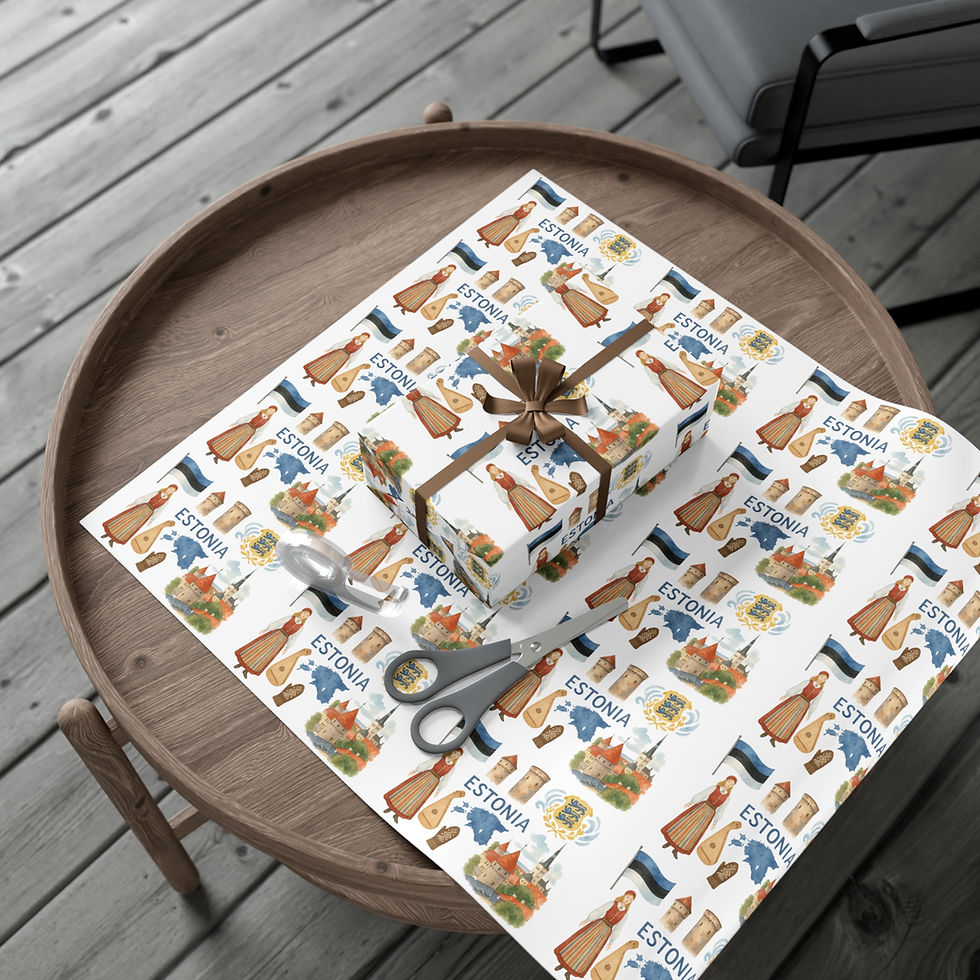 Thumbnail: Gift wrapped with Estonia pattern, scissors on table, brown bow, and gift paper.