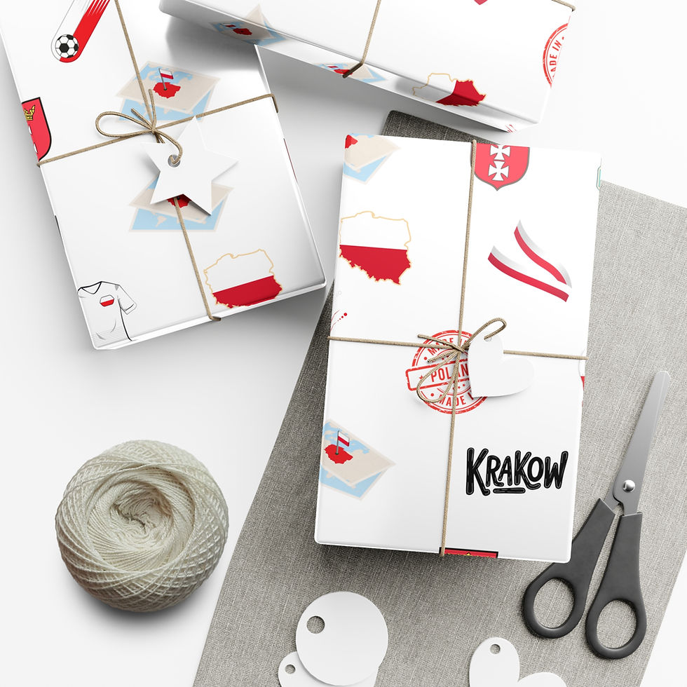 Thumbnail: Gift-wrapped presents with visible text: Kraków, and Poland map; wrapped with twine and scissors.