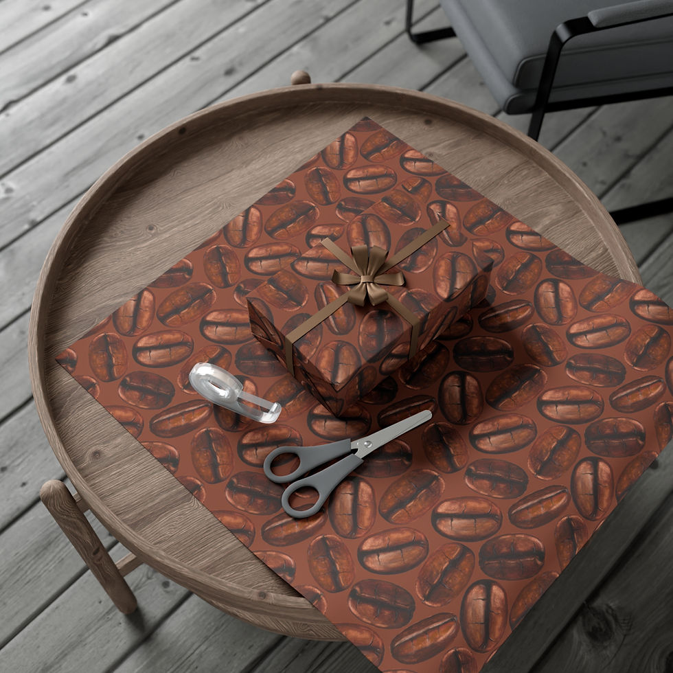 Thumbnail: Gift-wrapped box on coffee bean paper with scissors and ribbon on table