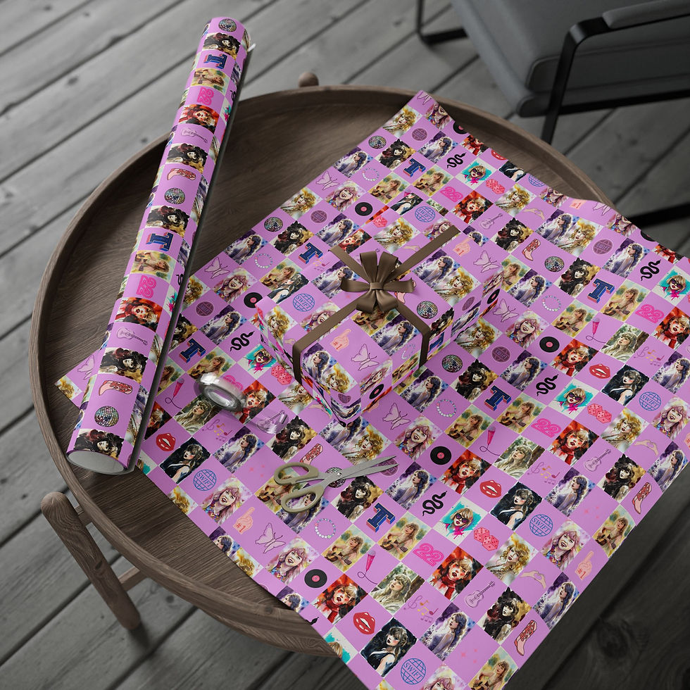 Thumbnail: Swifty Inspired Gift Wrapping Paper, roll and wrapped present.