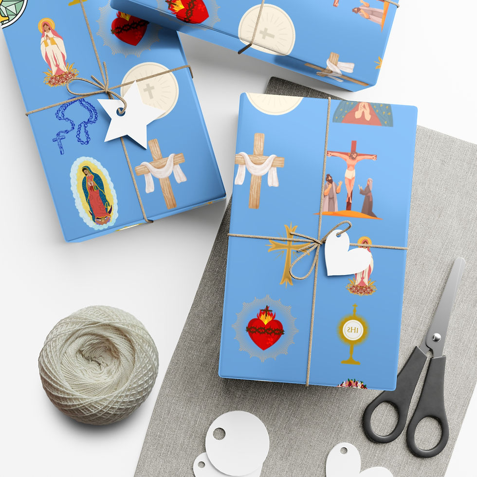 Thumbnail: Wrapped gifts with Christian symbols, blue Ichthys design gift wrapping paper, faith gifts.