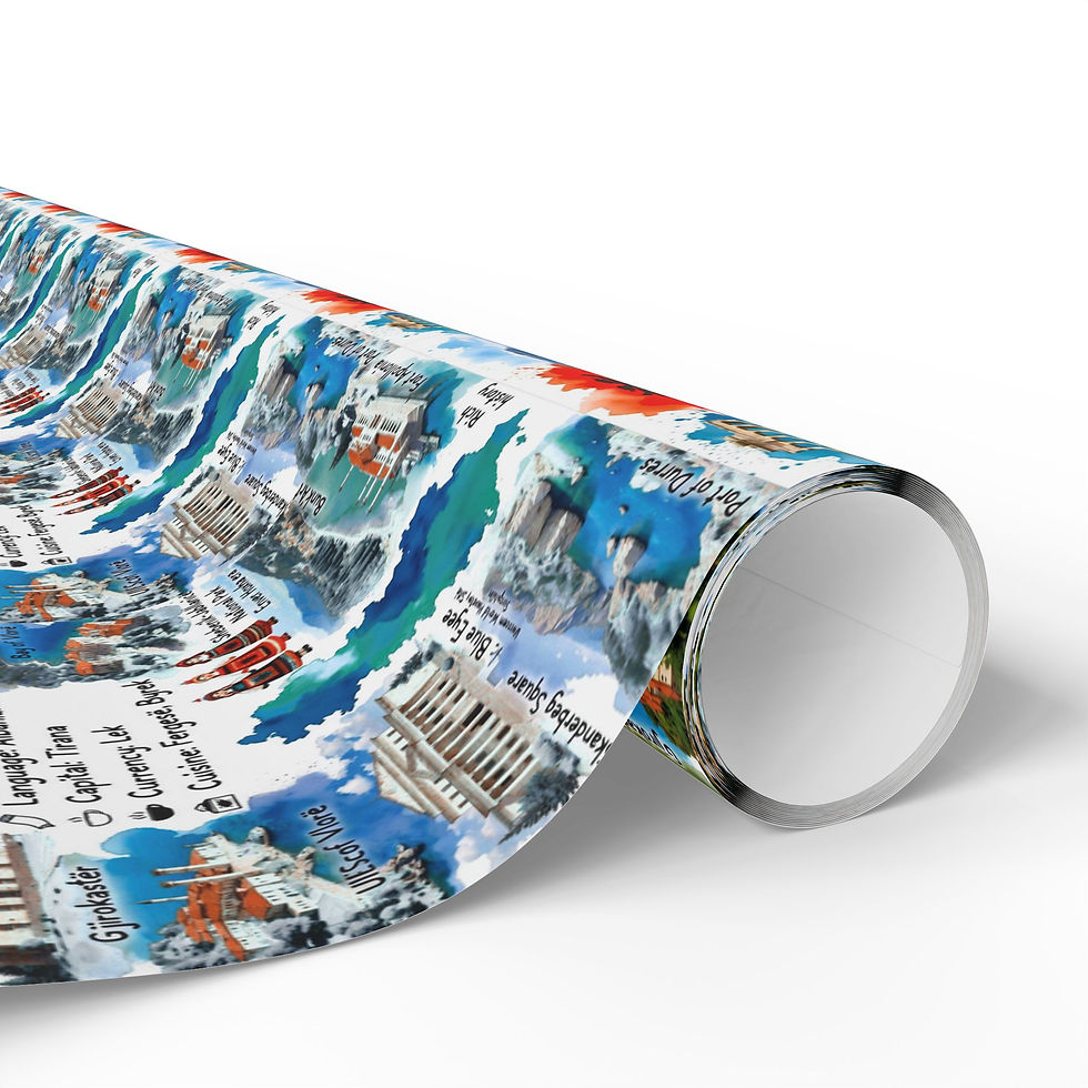Thumbnail: Wrapping paper roll with Caribbean landmarks and flag details, High Oak Paper.