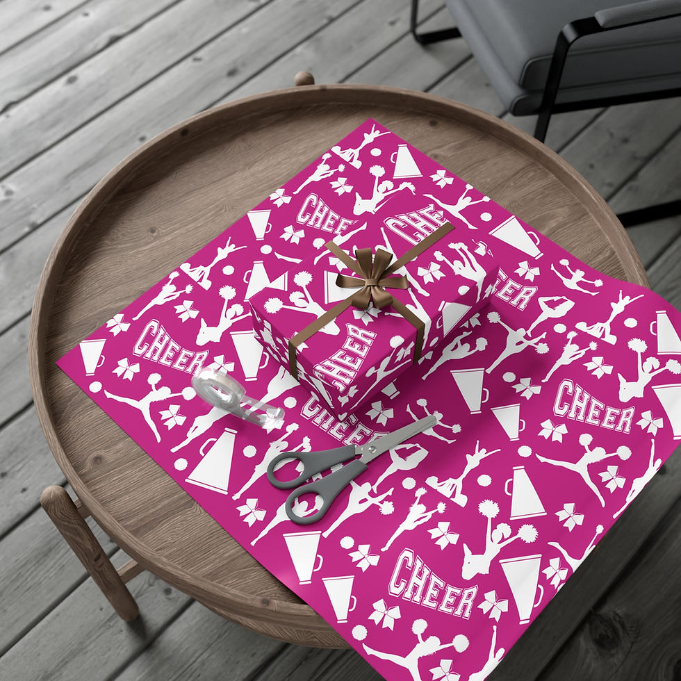 Thumbnail: Gift wrapped in pink cheerleading paper with scissors and CHEER text