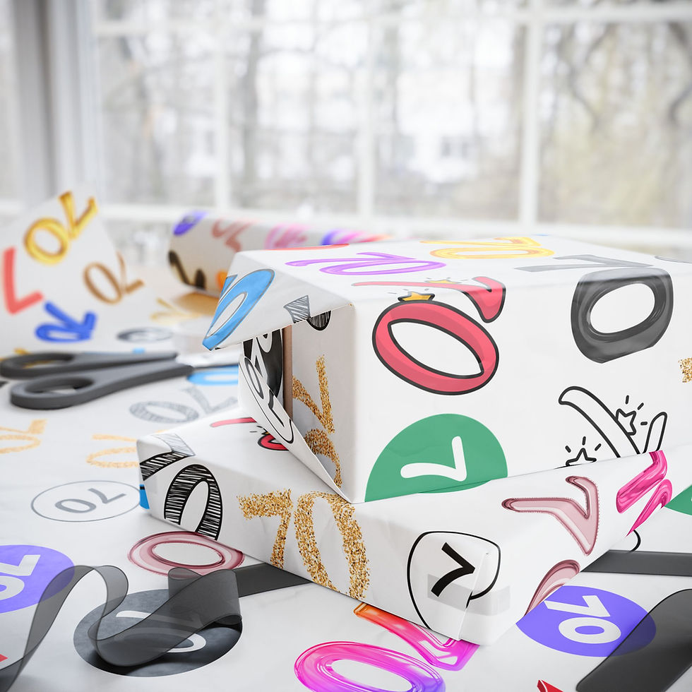 Thumbnail: Gift wrapped, colorful present with 70s on wrapping paper. 70th Birthday Gift Wrapping Paper