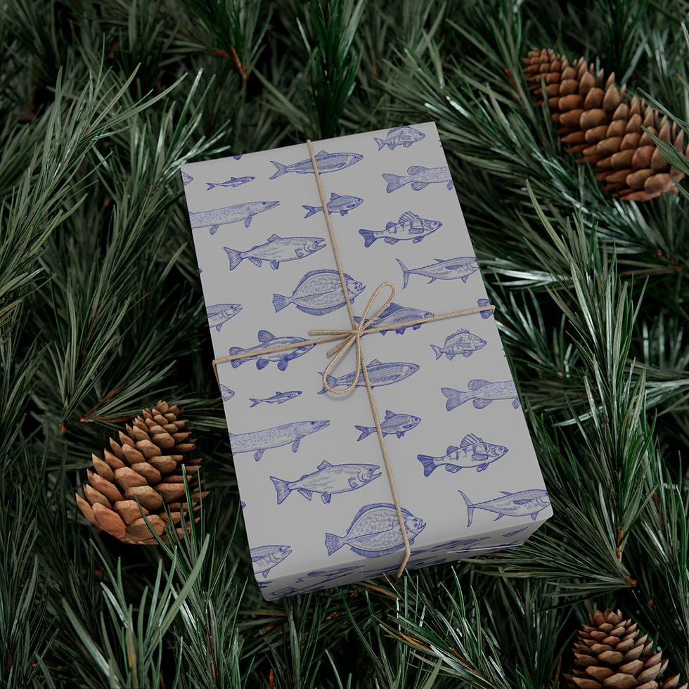 Thumbnail: Gift wrapped in fish pattern paper tied with twine on pine needles.