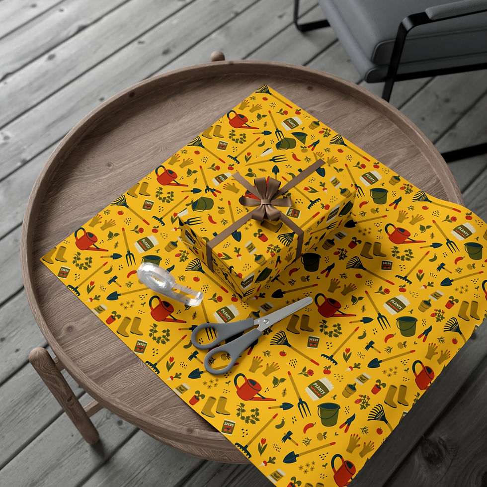 Thumbnail: Gift wrap on a table with gardening tools Yellow Garden & Farm Life Gift wrap.