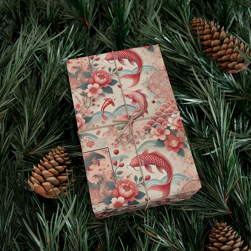 Thumbnail: Wrapped gift with floral and fish pattern, arranged on pine needles and cones.